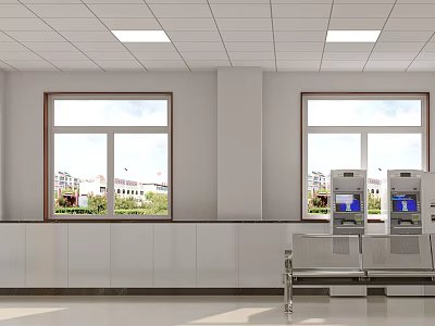 Public Service Hall Interior With Windows Buildings Outside White Counter Metal Bench And Self-Service Machines 3d model