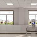 Public Service Hall Interior With Windows Buildings Outside White Counter Metal Bench And Self-Service Machines