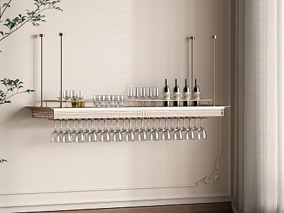 Stylish Hanging Wine Rack With Wine Bottles And Upside Down Glasses 3d model