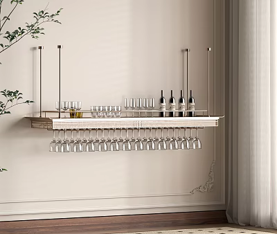 Stylish Hanging Wine Rack With Wine Bottles And Upside Down Glasses 3d model