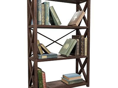 Classic Dark Wooden Bookshelf With Cross Brace Design And Stacked Books 3d model
