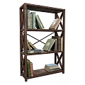 Classic Dark Wooden Bookshelf With Cross Brace Design And Stacked Books