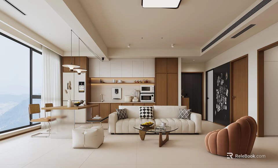 Modern Warm Open Dining And Living Room With Comfortable Sofa Wood Cabinets And Spacious Layout 3d model 