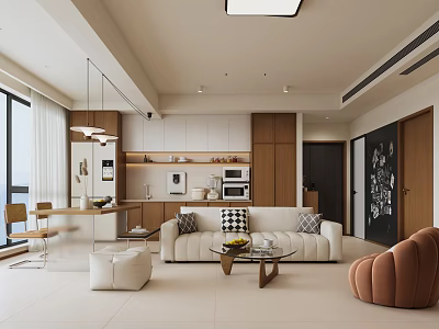 Modern Warm Open Dining And Living Room With Comfortable Sofa Wood Cabinets And Spacious Layout 3d model