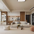 Modern Warm Open Dining And Living Room With Comfortable Sofa Wood Cabinets And Spacious Layout