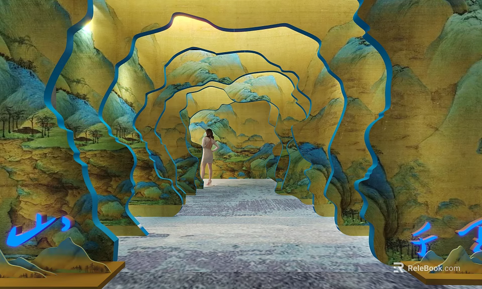 Instagram Worthy Photo Spot Featuring Blue Gold Arched Tunnel Landscape Patterns And Gray Textured Floor 3d model 