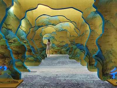 Instagram Worthy Photo Spot Featuring Blue Gold Arched Tunnel Landscape Patterns And Gray Textured Floor 3d model