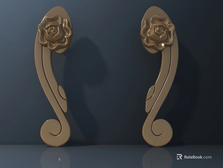 Pair of Golden Door Handles with Rose Decoration and Elegant Curved Design 3d model 