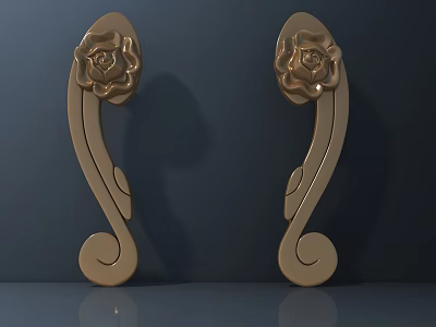 Pair of Golden Door Handles with Rose Decoration and Elegant Curved Design 3d model