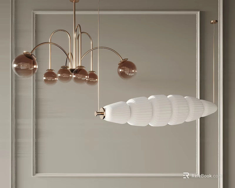 Modern Interior Chandelier Design With Metallic Frame Spherical Bulbs And White Pleated Shade 3d model 