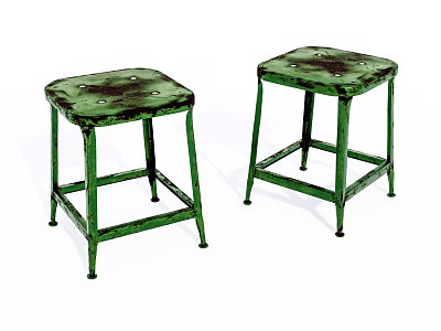 Two Green Metal Distressed Stools With Square Worn Surface And Sturdy Rustic Design 3d model