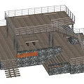 Outdoor Garden Feature With Wooden Deck Stone Wall Stairs Railings Bench And Table