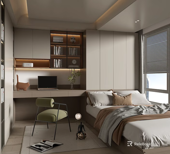 Modern Minimalist Tatami Bedroom Interior Design With Built-in Bookshelf Writing Desk Chair And Roller Blinds 3d model 