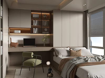 Modern Minimalist Tatami Bedroom Interior Design With Built-in Bookshelf Writing Desk Chair And Roller Blinds 3d model