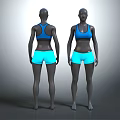 Female Model Wearing Blue Sports Bra And Light Blue Shorts Front Back Views
