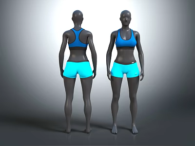 Female Model Wearing Blue Sports Bra And Light Blue Shorts Front Back Views 3d model
