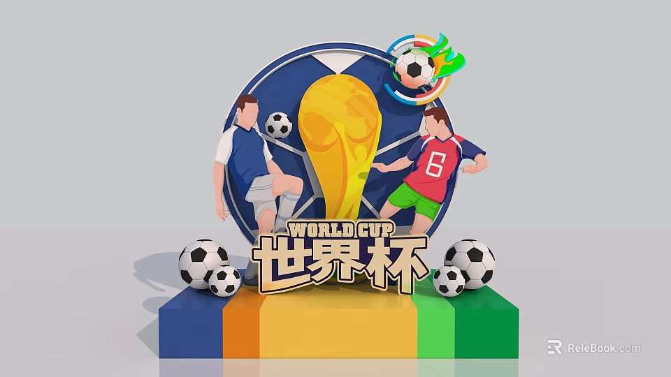 Colorful World Cup Trophy Display With Football Players And Soccer Balls 3d model 