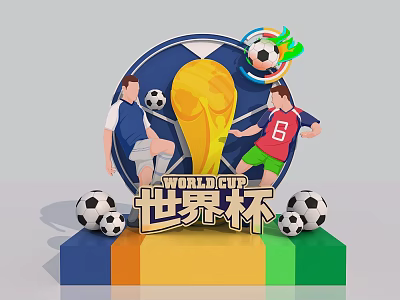 Colorful World Cup Trophy Display With Football Players And Soccer Balls 3d model