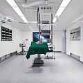 Operating Room Interior With Surgical Table Green Drape Lights And Medical Equipment
