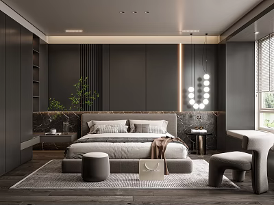 Modern Dark Bedroom Interior With Large Bed Nightstand Pendant Lights Rug Plant And Chair 3d model