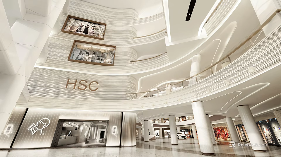 Modern Shopping Mall Interior with HSC Logo Multi Level Shops and Curved White Design 3d model 
