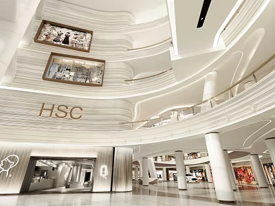 Modern Shopping Mall Interior with HSC Logo Multi Level Shops and Curved White Design 3d model
