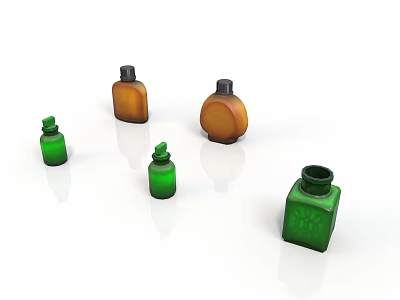 Assorted Small Daily Use Bottles In Green And Brown Colors With Various Shapes 3d model