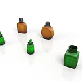 Assorted Small Daily Use Bottles In Green And Brown Colors With Various Shapes