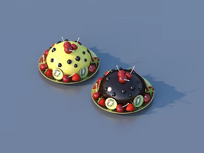 Two Colorful Cakes With Yellow And Black Frosting Topped With Fresh Strawberries And Kiwi Slices 3d model