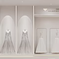 Modern Minimalist Bridal Shop Showroom With Arched Display Shelves And Mannequins Displaying Elegant Wedding Dresses