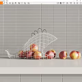 Fresh Peaches in Chicken Shaped Metal Fruit Basket and Beside Gray Grid Wall