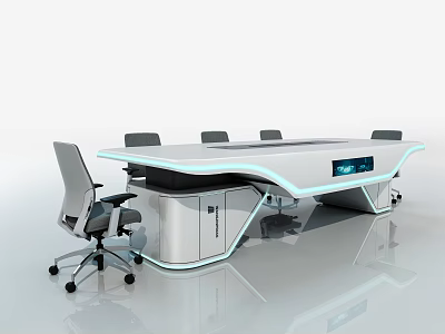 Modern Conference Table with Curved Edges LED Strip Lights Built-in Screen and Gray Office Chairs 3d model