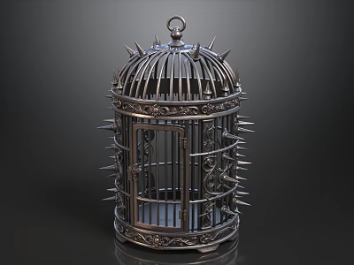 Ornate Spiked Metal Birdcage With Intricate Decorative Details And Gothic Design 3d model
