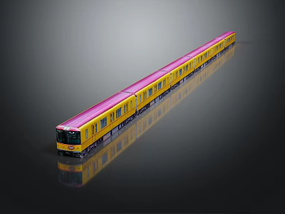 Long Bright Yellow and Pink Train on Black Background with Reflection 3d model