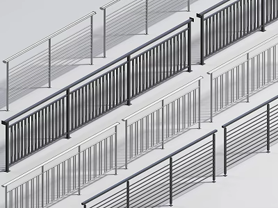 Modern Black And Silver Metal Railings With Vertical Bars And Horizontal Slats 3d model