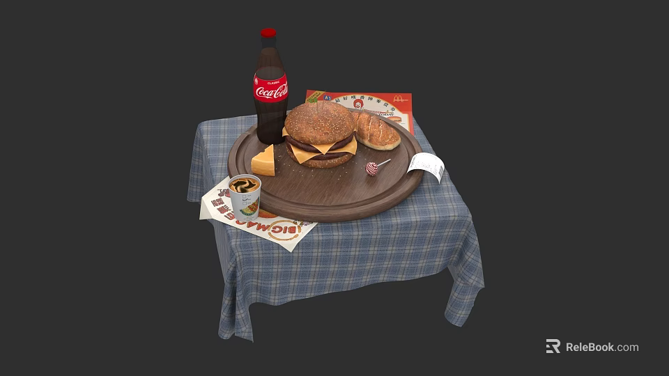 Office Desk Setup With Coca Cola Bottle Burger Sandwich Coffee Cup And Plaid Tablecloth 3d model 