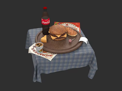 Office Desk Setup With Coca Cola Bottle Burger Sandwich Coffee Cup And Plaid Tablecloth 3d model