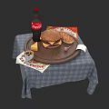 Office Desk Setup With Coca Cola Bottle Burger Sandwich Coffee Cup And Plaid Tablecloth