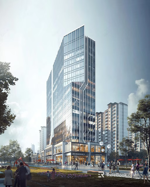 Modern High Rise Office Building With Glass Curtain Wall And Surrounding Urban Trees 3d model 