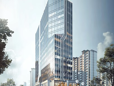 Modern High Rise Office Building With Glass Curtain Wall And Surrounding Urban Trees 3d model