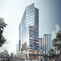 Modern High Rise Office Building With Glass Curtain Wall And Surrounding Urban Trees