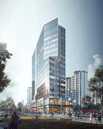 Modern High Rise Office Building With Glass Curtain Wall And Surrounding Urban Trees 3d model
