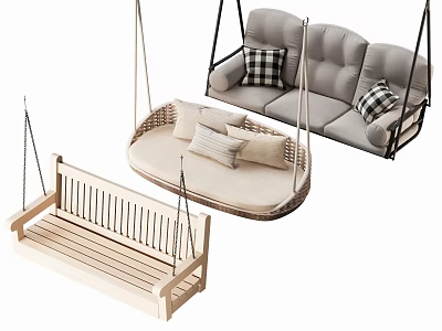 Outdoor Swing Chairs With Wooden Wicker And Gray Cushioned Designs For Garden Spaces 3d model