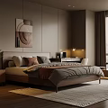 Modern Bedroom Interior With Wooden Accents Abstract Painting Large Window Curtains And Area Rug