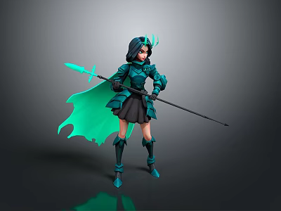 Fantasy Female Warrior Character With Green Armor Horns Spear And Green Cape 3D 3d model