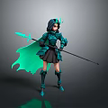 Fantasy Female Warrior Character With Green Armor Horns Spear And Green Cape 3D
