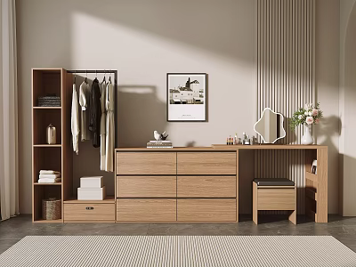 Modern Light Wood Dresser In Bedroom With Framed Art And Flowers 3d model