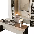 Modern Desk And Chair Setup With Bookshelves Decorative Artwork Table Lamp And Decorations