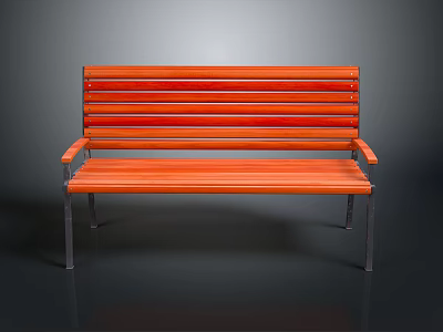 Stylish Orange Wooden Bench With Metal Legs And Slatted Design 3d model