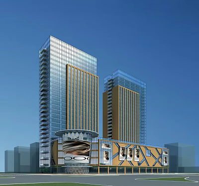 Twin Modern Skyscrapers Featuring Glass Curtain Walls Commercial Retail Podium And Billboards 3d model